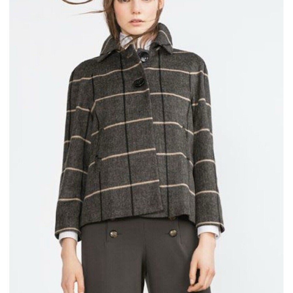 Zara Womens Short Coat XS Gray Checked Plaid Wool Blend 2 Button Front Swing
